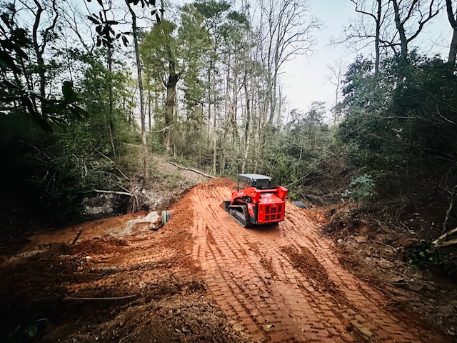 Skid steer clearing a red-dirt path through East Texas woods